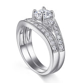 Round Zircon Cathedral with Wave Half Eternity Silver Ring Set